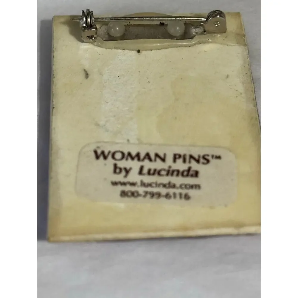 Lucinda Woman Pin Brooch Wood Girl Brown Dress Hat Vintage Figure